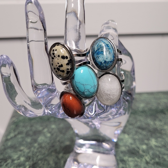 Multi-Variety Stone Silver Stainless Steel Rings Size 7-8 - Picture 14 of 16